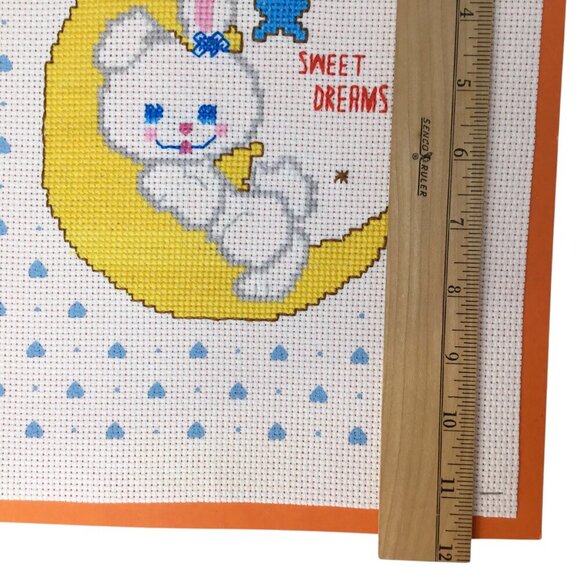 Finished Ready to Frame Cross Stitch Handmade Sweet Dreams Crescent Moon Bunny - Picture 3 of 5
